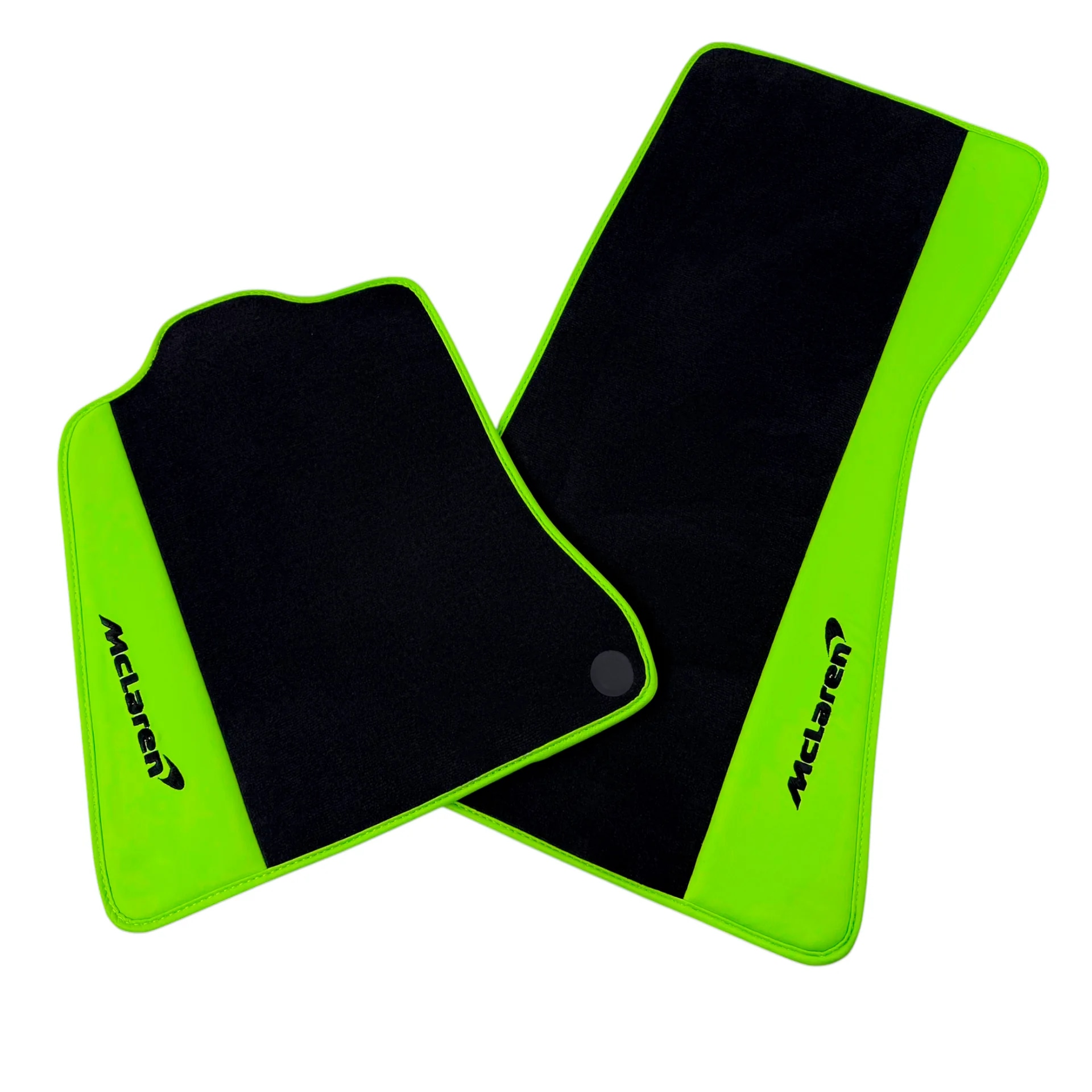 McLaren 570S custom fit floor mats, premium quality with precise fitment, featuring vibrant green trim and logo.