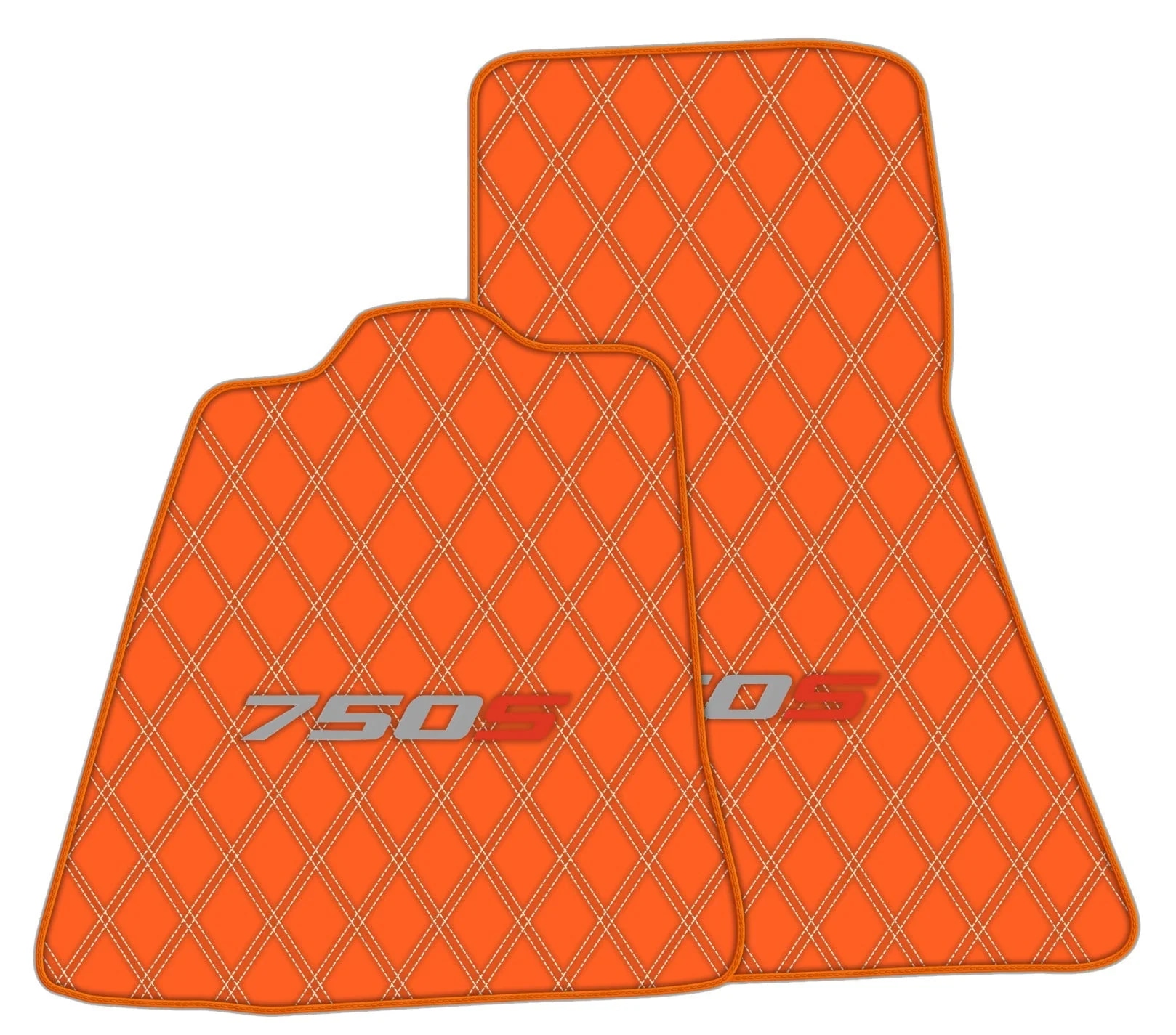 Custom fit McLaren 750S floor mats, premium quality with precise fitment, featuring a stylish orange diamond pattern.