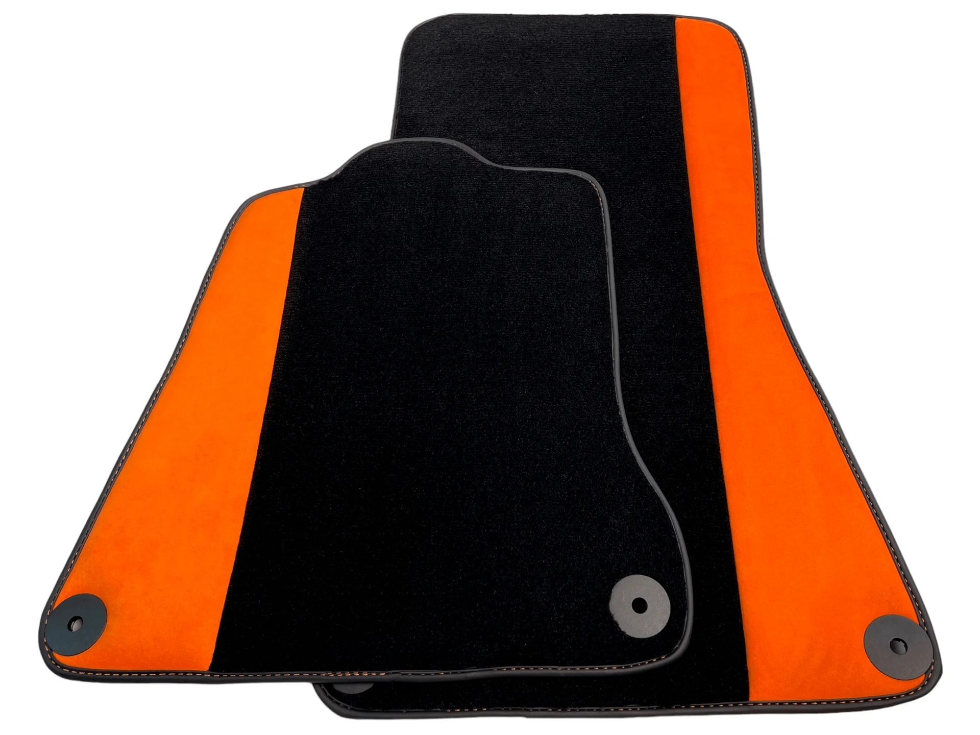 McLaren MP4-12C custom fit floor mats in premium quality with precise fitment and stylish black and orange design.